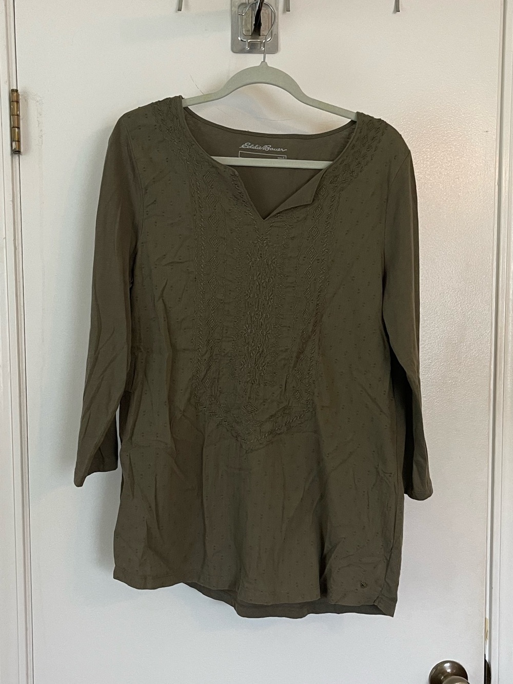 Eddie Bauer Olive Green Embroidered Tunic Top